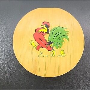 Vintage Wooden Wood Hamburger Patty Press Hand Painted Folk Art Chickens Rooster